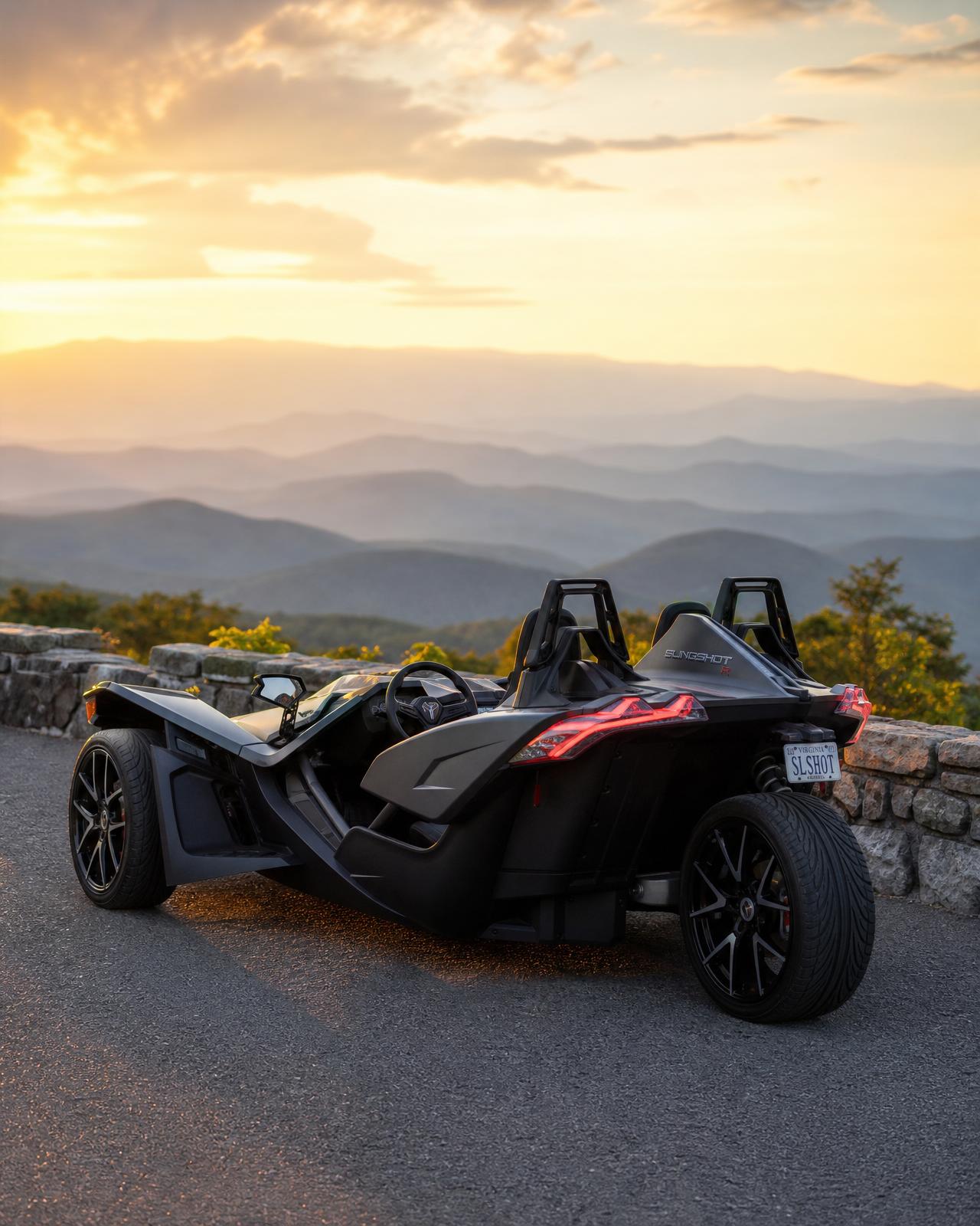 A Polaris Slingshot at a Blue Ridge Mountains overlook